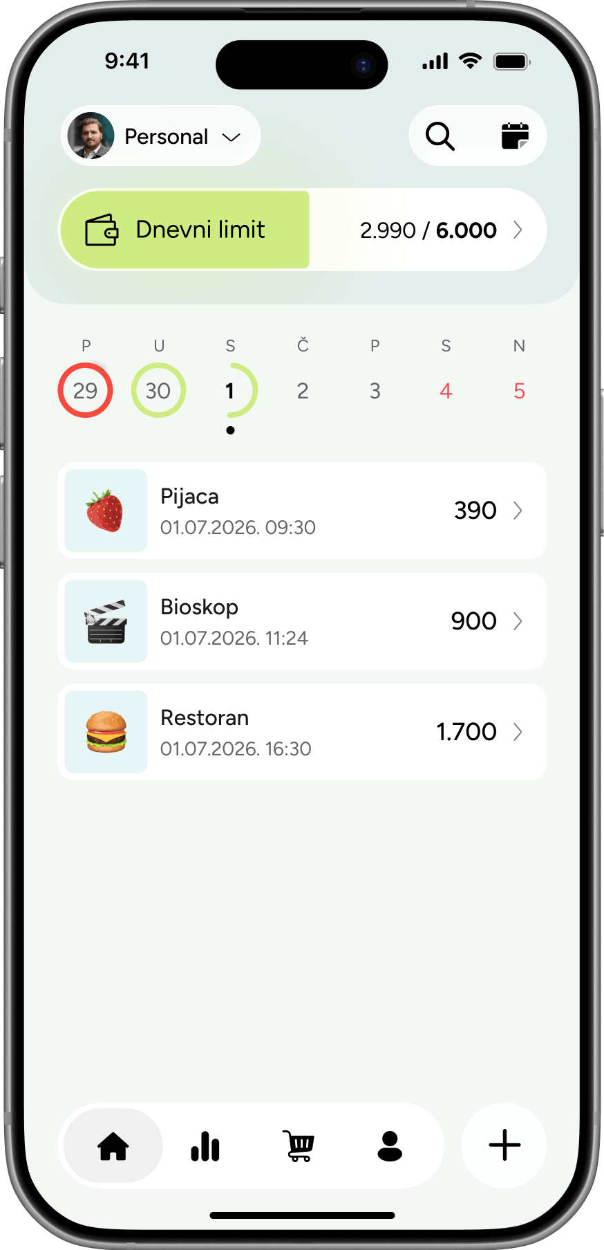 Kinta app home screen — daily limit and today's spending