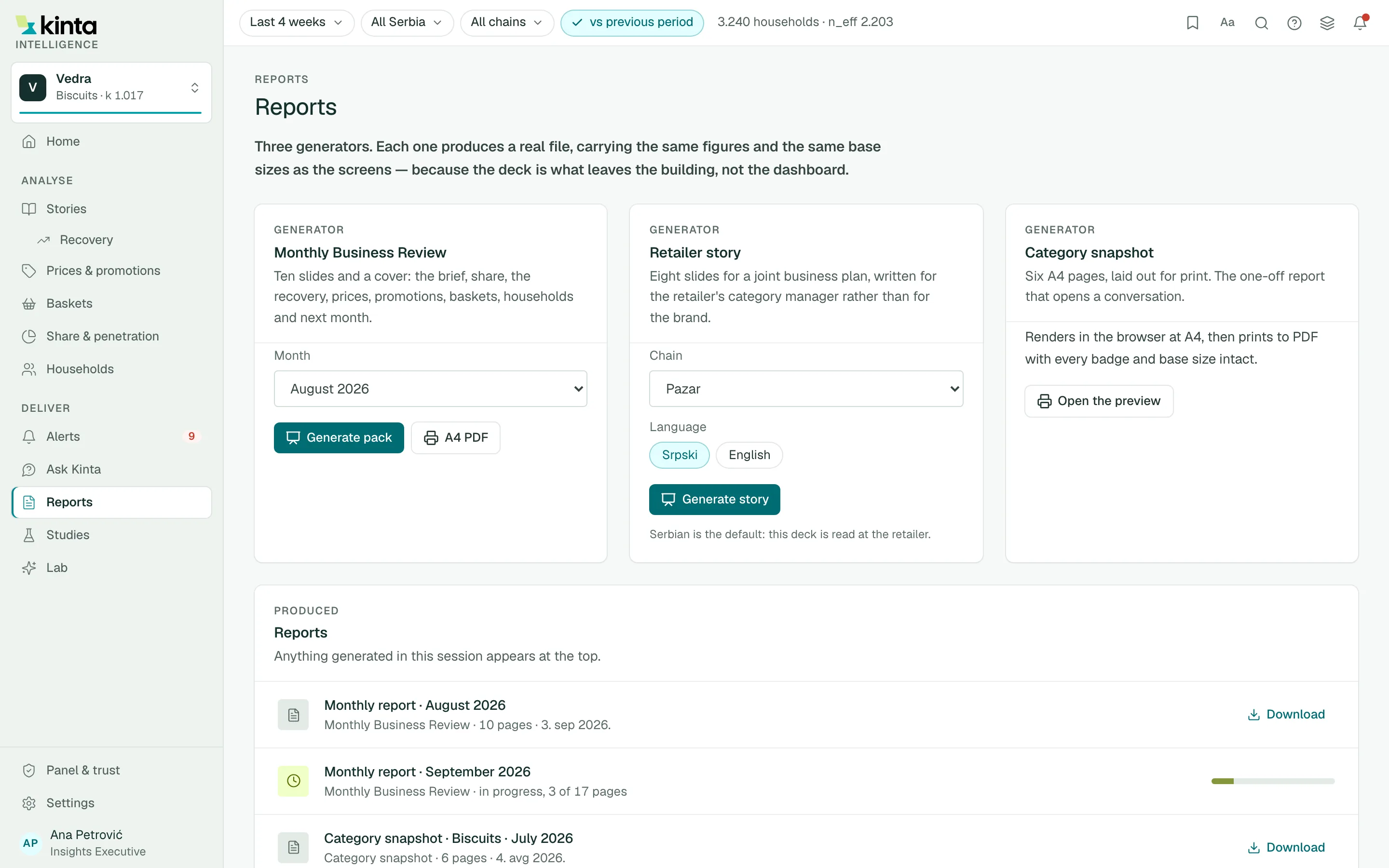 Reports screen of Kinta Intelligence
